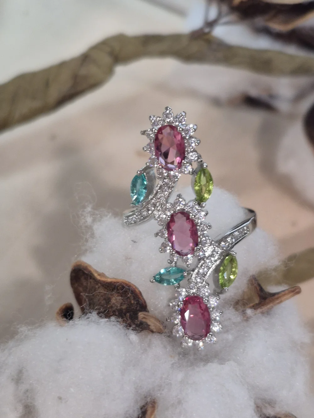 💚🩷NEW💚🩷 STUNNING!! PINK MORGANITE, AQUAMARINE, PERIDOT & CZ'S Ring